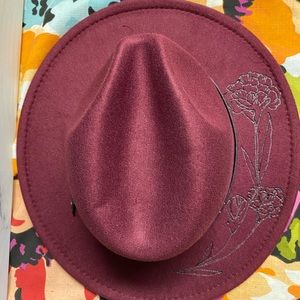 Felt hat wood burned free hand floral burgundy